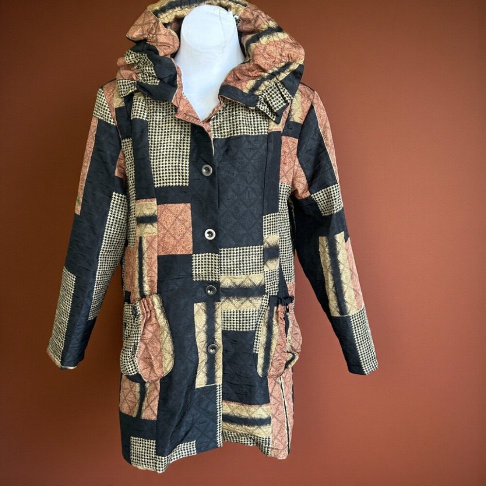 Ki Meng Art to Wear Patchwork Crinkle Quilted Black Rust Duster Jacket